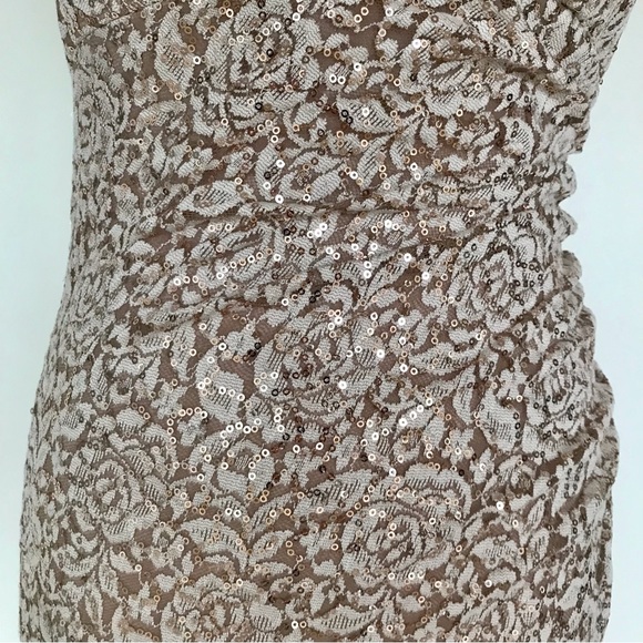 XSCAPE size 4 tan midi dress with gold sparkles and built in bra - Picture 6 of 14